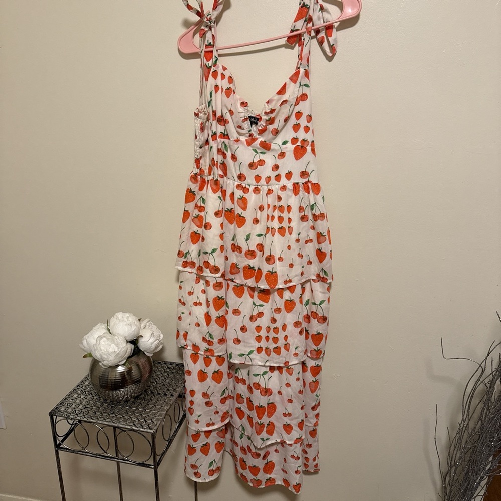 White Tiered Strawberry Print Maxi Dress